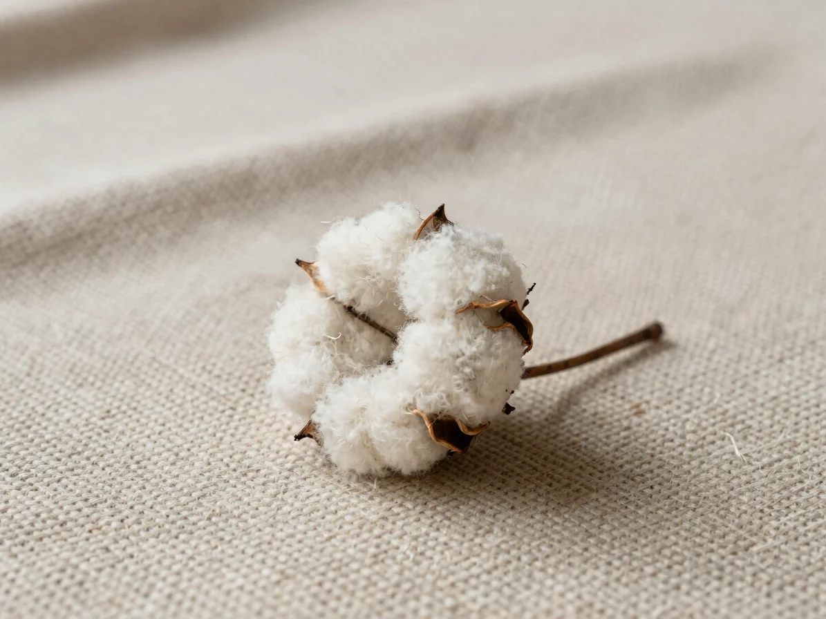 Editorial textile photography, close-up of raw cotton yarn and a woven fabric surface under soft directional daylight, n