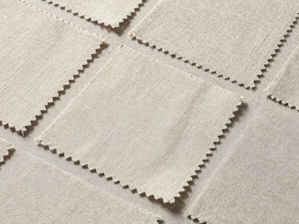 Overhead arrangement of raw cotton-toned woven fabric swatches on a neutral linen surface, soft directional daylight rev