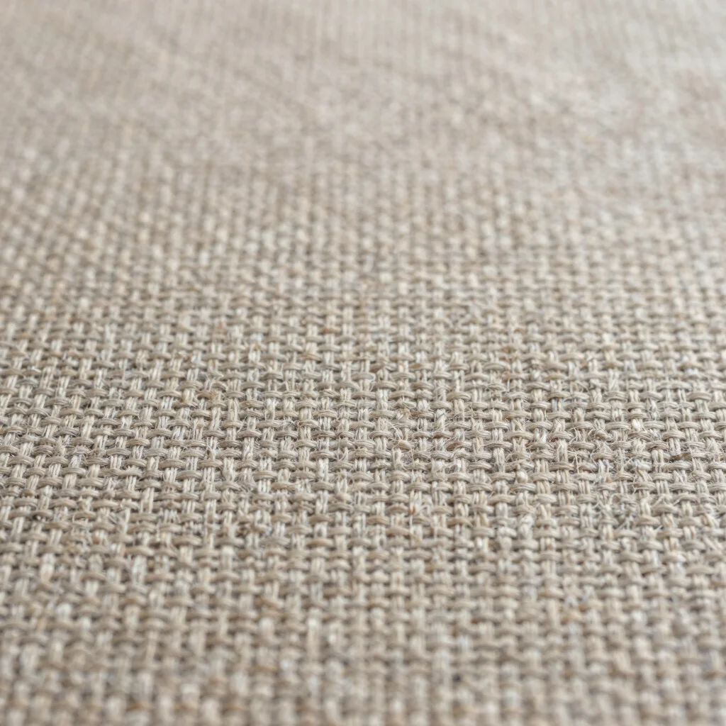 Macro photograph of a structured weave textile with visible warp and weft, restrained neutral palette, editorial textile