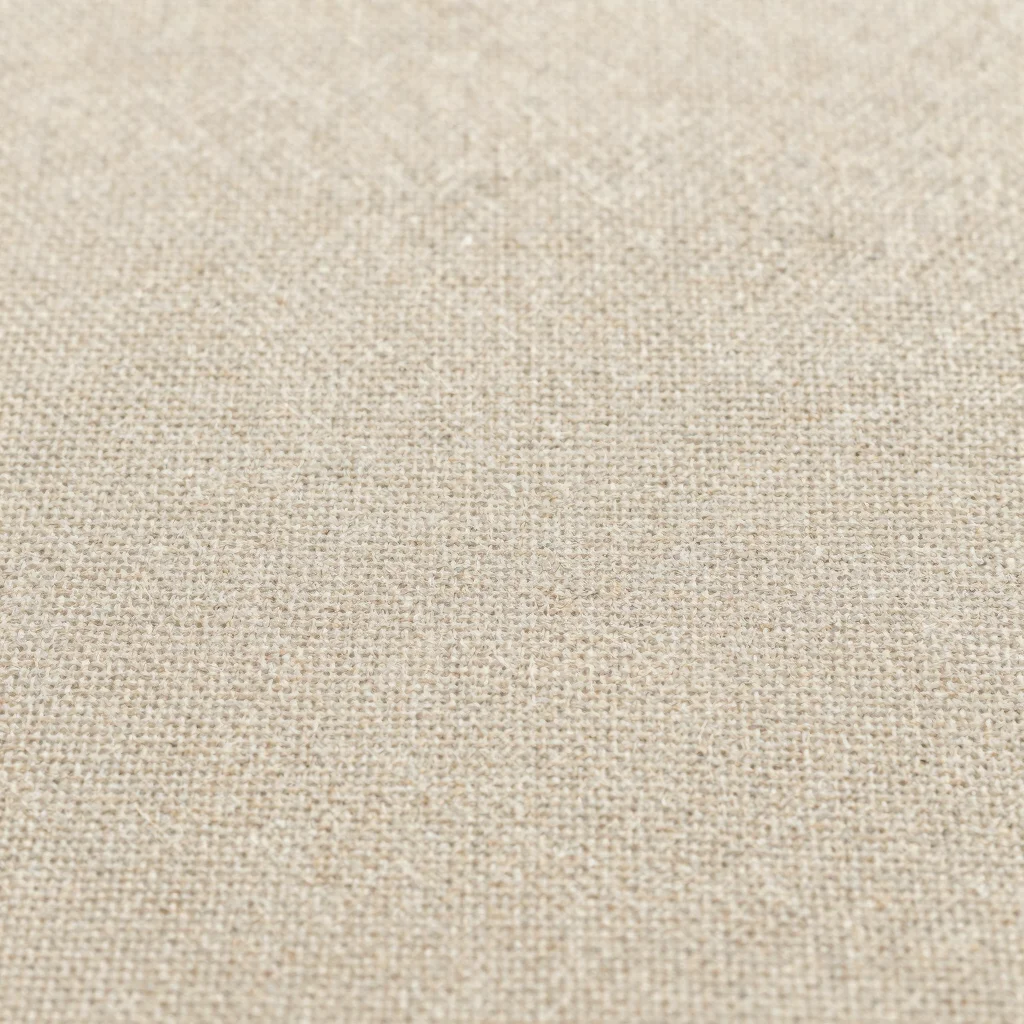 Macro photograph of a plain-weave cotton fabric surface, soft daylight, fiber detail visible, neutral natural tones